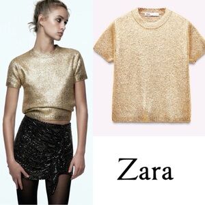 Zara Metallic Gold Short Sleeve Top